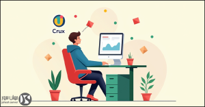 A modern, flat-style digital illustration of a young professional working at a sleek, contemporary office desk. The person is seated in a comfortable red office chair, leaning slightly back while gazing at a large, stylish desktop computer. They are wearing a casual blue hoodie and dark pants, giving a relaxed yet productive vibe. Their posture suggests focus and engagement with their work. The workspace is clean and well-organized, featuring a minimalist green desk with a drawer unit underneath. A small potted plant with green leaves sits beside the desk, adding a touch of nature to the environment. The background includes soft pastel-colored abstract shapes that create a warm and inviting atmosphere. Above the desk, there is a circular logo with the text 'Crux' written underneath. The logo is colorful, consisting of curved elements in green, yellow, and red, resembling a stylized 'U' or connectivity symbol. A dotted line subtly connects the character’s head to the logo, implying thought, innovation, or an analytical process. CrUX چیست؟ نحوه دسترسی به گزارش CrUX و تحلیل آن